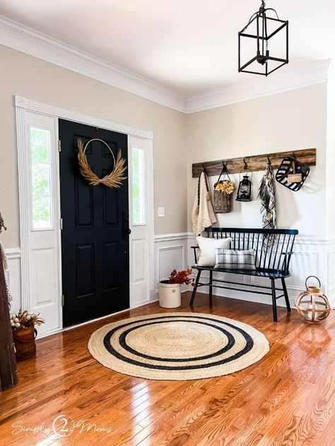 Entryway Inspo, Round Jute Rug, Faux Stems, Vintage Crock, Jute Round Rug, Fall Entryway, Light Colored Wood, Front Entryway, Classic Table