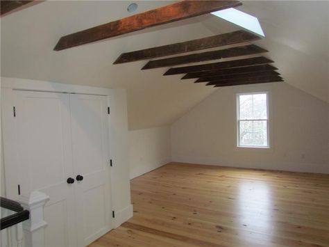 Exposed beams. Cape Cod Bedroom, Attic Master Suite, Exposed Beams Ceiling, Finished Attic, Attic Spaces, Attic Bedroom, Attic Rooms, Exposed Beams, Wooden Beams