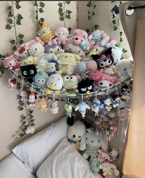 Stuffed Animal Collection Aesthetic, Sanrio Plushies, Sanrio Room, Hiasan Bilik Tidur, Hello Kitty Rooms, Hiasan Bilik, Room Redesign, Cute Stuff, Pinterest Room Decor