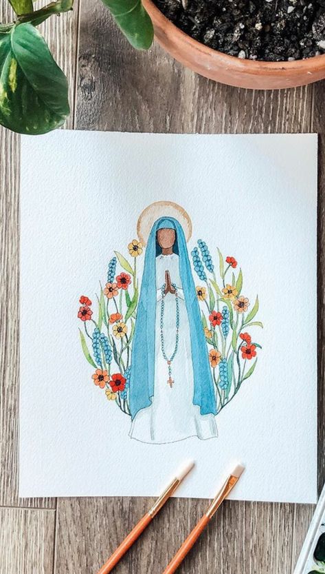 Mother Mary Watercolor Painting, Mother Mary Drawing Easy, Catholic Painting Ideas, Catholic Art Aesthetic, Catholic Drawings, Mary Watercolor, Catholic Watercolor, Famous Art Coloring, Christian Watercolor