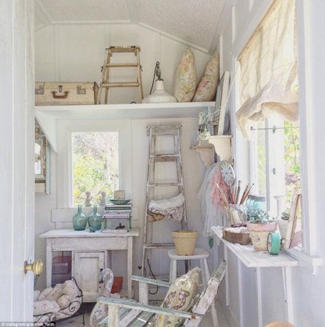 The distressed furniture and pastel accents in the she shed at this New Zealand farm is a dream for anyone who loves shabby chic Inside She Shed Ideas, She Shed Interior Ideas, She Shed Craft Room, She Shed Interior, Garden Shed Interiors, Rustic Shed, Vintage French Furniture, Cave Room, Cosy Decor