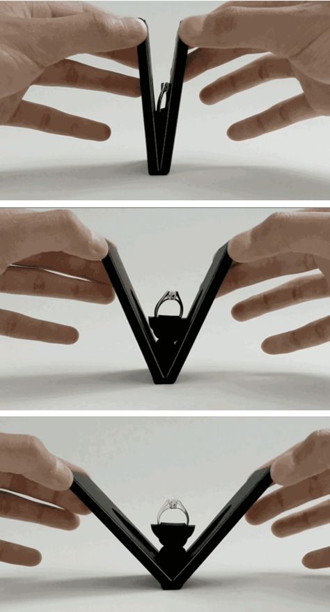 Ring box that opens and spins the ring like a blooming flower Box Folding, Ring Case, Innovative Packaging, Cool Packaging, Celebration Ideas, Engagement Ring Box, Engagement Ideas, Packing Design, Wedding Ring Box