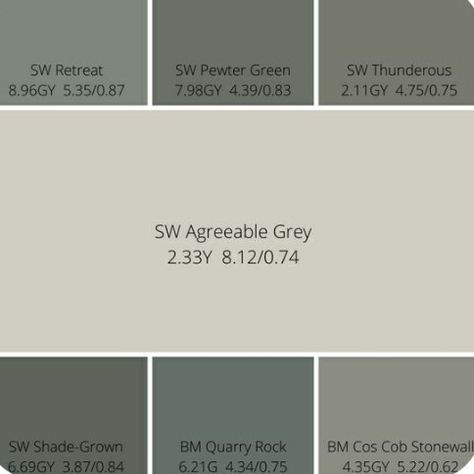 Best Green With Agreeable Gray, Sw Grey Green Paint Colors, Pewter Green Mood Board, Olive Green And Grey Bedroom, Pewter Green Color Palette, Sw Pewter Green, Exterior Gray Paint, Green Grey Paint, House Color Palettes