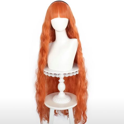 Orange Wig High Quality Synthetic Fiber, Long Curly Wavy Cooper Hair Wig Cute Colorful Wig With Breathable Wig Net Perfect For Daily Party Cosplay This Is Not Human Hair The Black Headband Is Not Included Orange Wigs, Cooper Hair, Orange Anime, Orange Wig, Colorful Wig, Curly Color, Pixie Cut With Bangs, Curly Clip Ins, Anime Wigs