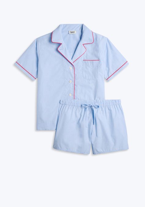 The Corita Set can be worn day or night as it fits comfortably under the sheets or your favorite jacket.  Made of fine cotton fabric, the Corita top features a five-button front placket, chest pocket, and piping details along with easy, elastic waist shorts. Sleepy Jones, Cute Pjs, Cute Pajama Sets, Short Pj Set, Women's Sleepwear, Women's Pajamas, Cute Pajamas, Elastic Waist Shorts, Liberty Of London