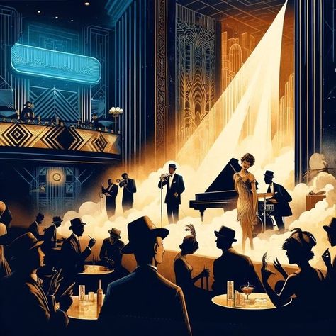 Art Deco Jazz Club, 1940s Jazz Aesthetic, Art Deco Animation, 1920s Jazz Club Aesthetic, Jazz Age Aesthetic, Jazz Animation, Club Vibes Aesthetic, 1920s Jazz Club, 1920s Music