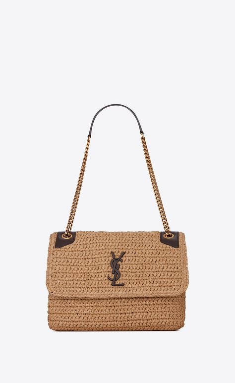 Raffia Designer Bag, Ysl Raffia Bag Outfit, Portugal Outfits, Ysl Bags, Ysl Logo, Woven Raffia, Raffia Bag, Monogram Bag, Beach Ready