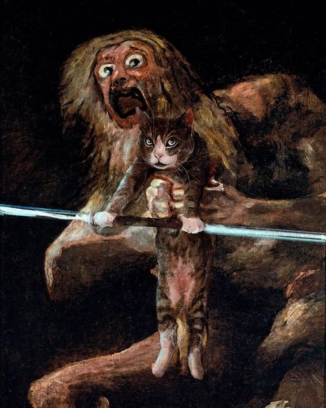 Saturn devouring his cat. Painting by Francisco Goya. #saturnart #franciscogoya #classicarts Francisco Goya Paintings, Personalized Paintings, Saturn Art, Goya Paintings, Garfield Pictures, Francisco Goya, Cat Painting, Custom Pet Portraits, Pet Portraits