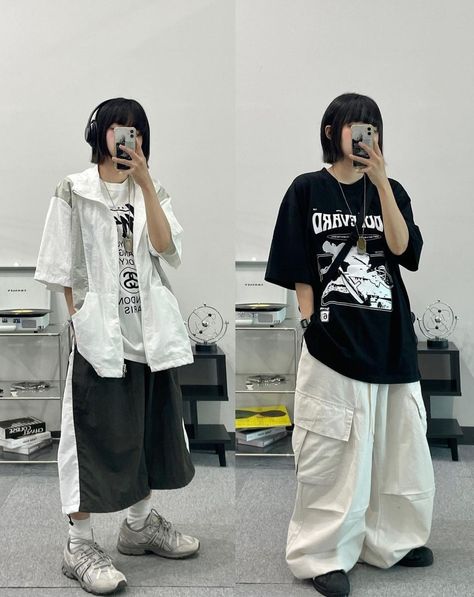 Acubi style outfit Tomboy Outfits Aesthetic, Tomboy Korean, Long Shorts Outfits, Tomboy Clothes, Acubi Outfit, Baggy Clothing, Acubi Style, Outfit Aesthetics, Aesthetic 2024