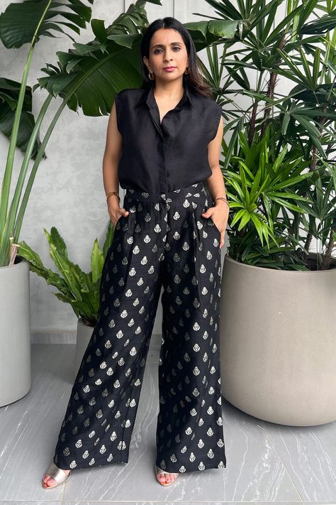 Shop for these amazing collections of Black Silk Woven Floral Jaal Spread Collar Solid Shirt And Pant Set For Women by Sobariko online at Aza Fashions. Designing Tips, Black Silk Shirt, Trendy Outfits Indian, Embroidered Jumpsuit, Coord Set, Western Dress, Pant Set For Women, Black Saree, Party Wear Indian Dresses