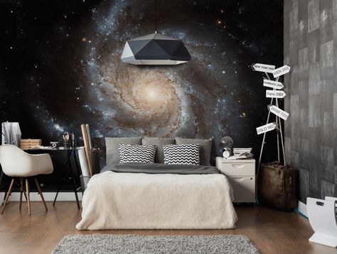 Choose Pinwheel Galaxy Wall Mural to create a fantastic wall decor in your room or browse thousands of other wall murals and custom wall murals only at Eazywallz.com Order hand-painted galaxy paintings from Cheapwallarts.com Space Decorations Galaxy Theme Bedrooms, Astronomy Bedroom, Bed Backdrop, Galaxy Mural, Galaxy Wall Mural, Pinwheel Galaxy, Boys Room Mural, 2023 Bedroom, Galaxy Room