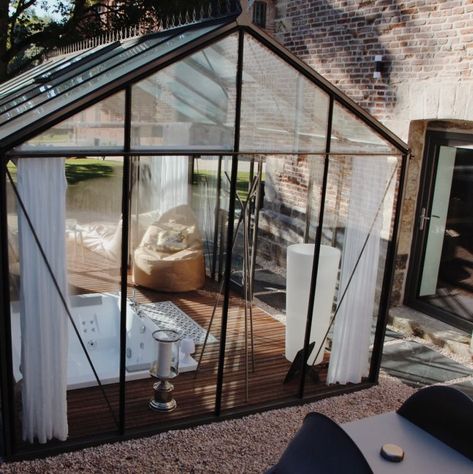 Glass Summer House, Greenhouse Jacuzzi, Dark Home Aesthetic, Massage Outdoor, Group 4, Relaxation Room, Side Garden, Backyard Living, Modern Patio