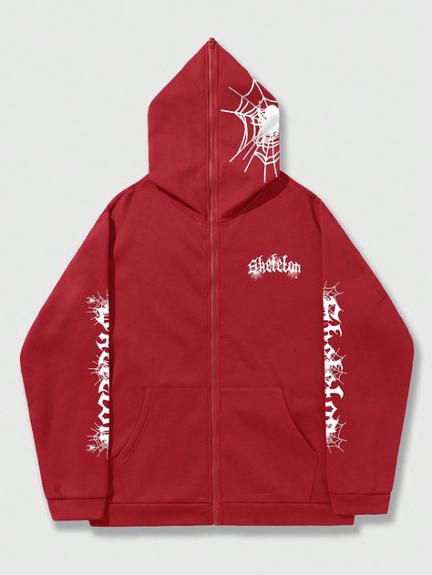 Red Casual Collar Long Sleeve Fabric Letter Zip Up Embellished Medium Stretch  Men Clothing Red Zip Up, Red Long Sleeve Hoodie For Streetwear, Red Zip Up Hoodie, Black And Red Zip Up Hoodie, Oversized Red Graphic Print Hoodie, Goth Guys, Fabric Letters, Fitness Inspo, Zip Ups