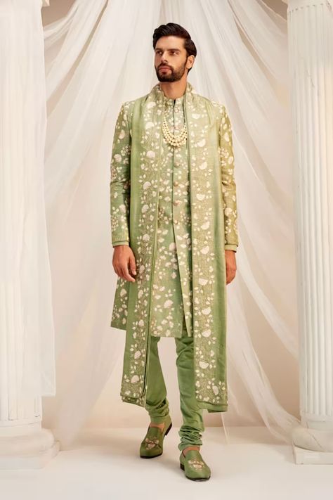 Designer Women Clothes | Designer Womenswear | Aza Fashions Rachit Khanna, Green Sherwani, Groom Collection, Beach Wedding Style, Embroidered Sherwani, Sherwani Groom, Resham Work, Wedding Sherwani, Set Saree