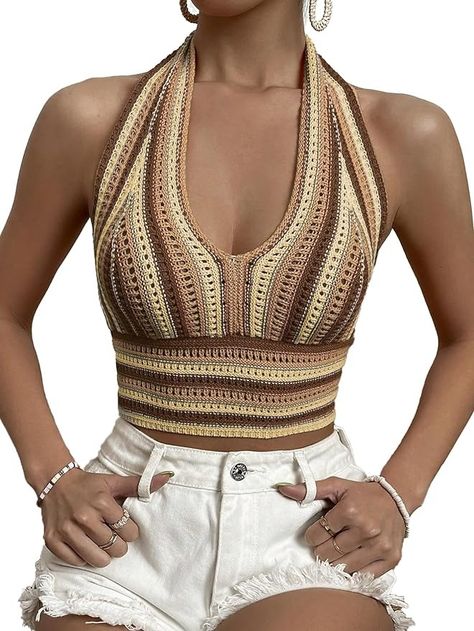 Verdusa Women's Striped Colorblock Tie Backless V Neck Knitted Crop Halter Top Orange Red M at Amazon Women’s Clothing store Halter Neck Crochet Top, Halter Neck Crochet, Ladies Tops Patterns, Crochet Halter Top Pattern, Halter Top Pattern, Crochet Halter Top, Crop Top Pattern, Boho Mode, Chic Summer Style