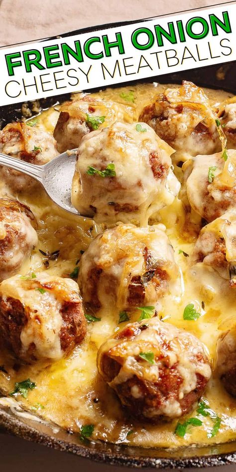 Meatballs In White Wine Sauce, Best Meatballs Recipes, Meatball Dinner Ideas Easy Meals, Cheese Filled Meatballs, French Onion Meatballs Recipe, French Onion Meatballs, Cheeseburger Recipes, Onion Meatballs, Beef Recipes Easy Dinners