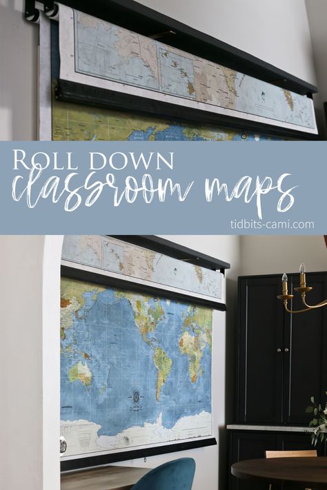 Hidden Homeschool Room, Diy Pull Down Map, Organized Homeschool Room, Modern Farmhouse Homeschool Room, Traditional Homeschool Room, Rustic Homeschool Room, Homeschool Room Dining Room, Large Homeschool Room, Homeschooling Classroom Setup