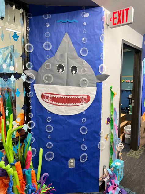 Shark Classroom Decorations, Shark Door Decorations Classroom, Shark Door Decoration, Shark Week Decorations, Shark Classroom Door, Ocean Door Decorations Classroom, Ocean Vbs, Scuba Vbs, Cruise Door