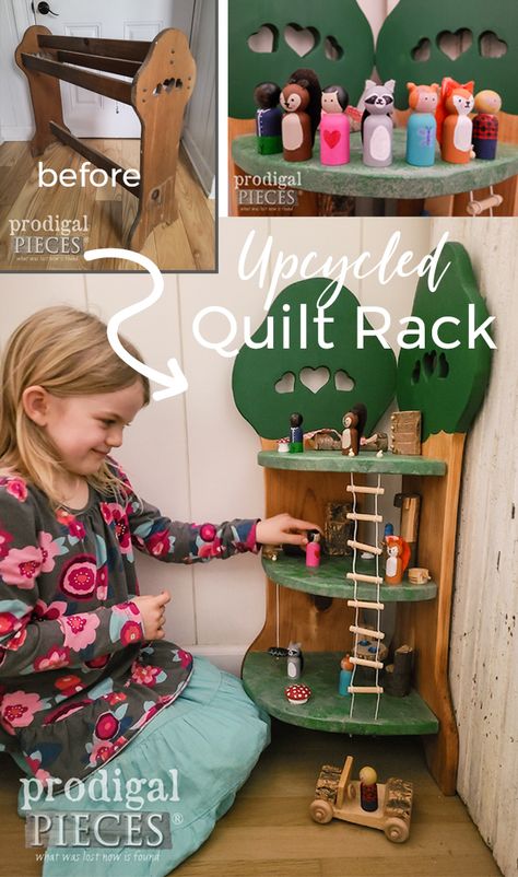 Quilt Rack Ideas, Treehouse Playset, Upcycle Toys, Upcycled Quilt, Crazy Toys, Quilt Rack, Diy Kids Toys, Homemade Toys, Diy Upcycling