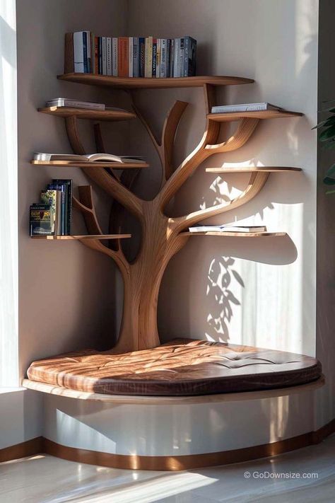 Unique Study Room, Shelf Book Decor, Tree Shaped Bookshelf, Book Shelves For Small Rooms, Tree Branch Shelves, Books Shelf Design, Book Shelf In Bedroom Design, Book Corners Bedroom, Bedroom Decor Corner Space