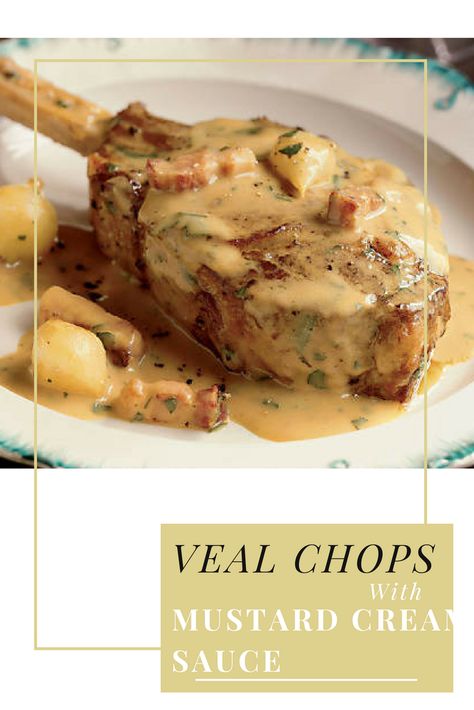 French-style Veal chops are cooked stovetop then mustard and cream fortify a delicious pan sauce. Veal Chop Recipes, Veal Chops, Dijon Mustard Sauce, Mustard Cream Sauce, Veal Chop, Veal Cutlet, Veal Recipes, Mustard Recipe, Cream Sauce Recipes