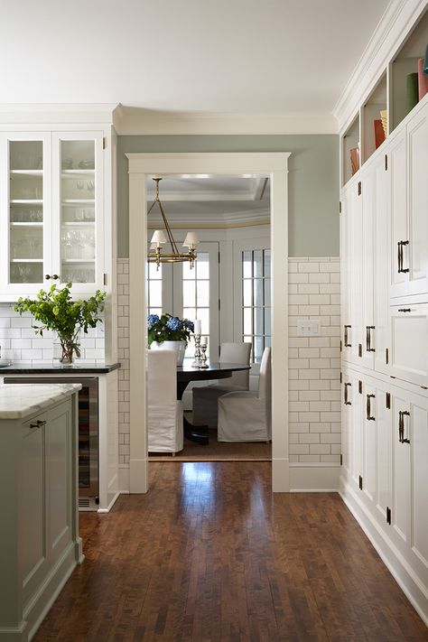 wall o cabinets, island color, black hardware Sage Kitchen, Sage Green Kitchen, Beautiful Kitchen Designs, Kitchen Black, New Interior Design, Black Handles, White Cabinetry, Up House, Kitchen Cabinet Design