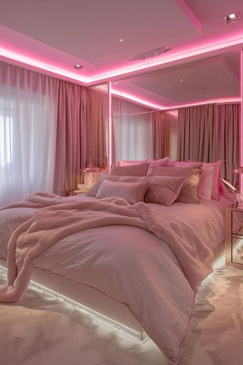 A luxurious bedroom with an emphasis on pink tones, featuring a plush bed with coordinating bedding and curtains, enhanced by ambient pink lighting. Pink Vibe Bedroom, Pink Apartment Aesthetic, Baddie Room Ideas Aesthetic, Room Baddie, House Room Design, Baddie Room Ideas, Bedroom Baddie, Baddie Bedroom, Baddie Room