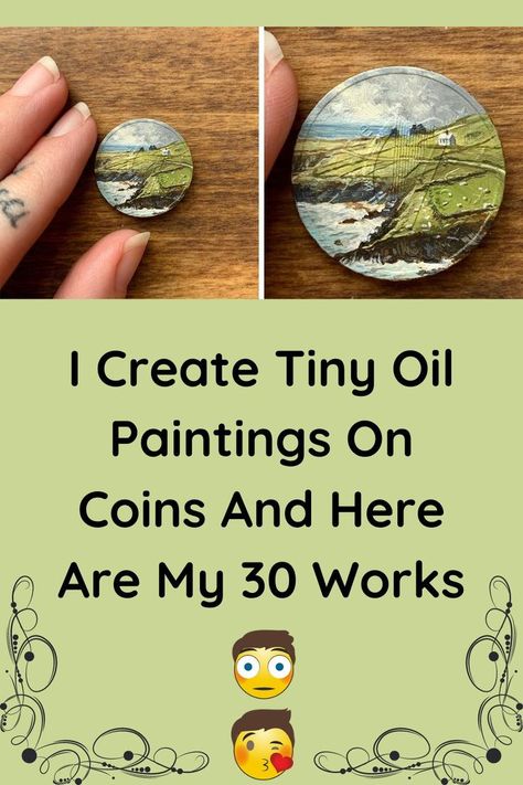 Painting On Coins, Coin Painting Ideas, Miniature Paintings Ideas, Tiny Oil Paintings, Miniature Oil Paintings, Tiny Paintings Ideas, Miniature Painting Ideas, Coin Painting, Miniature Landscape Painting