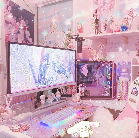 Kawaii Gaming Room, Kawaii Aesthetic Room, Kawaii Bedroom Decor, Kawaii Gaming Setup, Cutecore Aesthetic, Cute Desk Decor, Kawaii Cutecore, Kawaii Bedroom, Pink Games