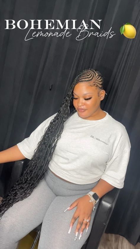 BRAID STYLIST 💕 | My freestyles go hard 😍🖤💨 STYLE: Boho lemonade braids 😍🖤🍋🍋 Dm or call 📥📞 for ALL inquiries or to book #montegobayhairdresser… | Instagram Lemonade Boho Braids Hairstyles, Lemonade Braids Boho, Boho Lemonade Fulani Braids, Lemonade Boho Braids, Blonde Lemonade Braids, Lemon Braids, Small Lemonade Braids, Stitch Ponytail, Boho Cornrows