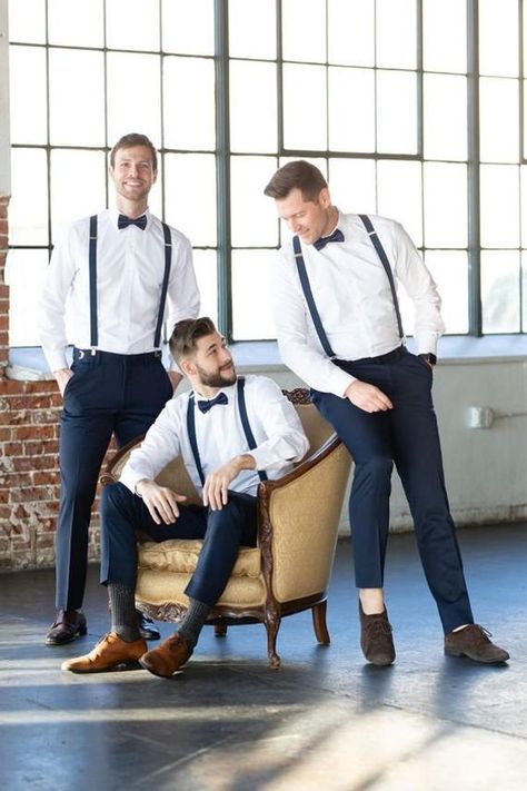 Groomsmen Attire Navy, Navy Inspiration, Navy Bow Tie, Groomsmen Suspenders, Wedding Groomsmen Attire, Blue Suspenders, Groom Wedding Attire, Groomsmen Outfits, Groomsmen Photos