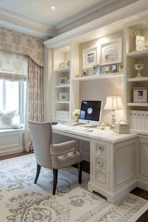 Womens Home Office, Feminine Home Offices, Cozy Home Office, Small Home Offices, Office Room Decor, Home Office Setup, Home Office Space, A Desk, Elegant Homes