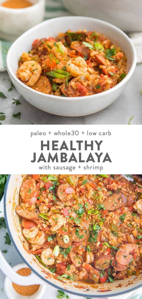 This healthy jambalaya recipe is a Whole30 and low carb version of an authentic Cajun dish. With sausage and shrimp, this paleo Creole recipe is even keto friendly, thanks to cauliflower rice! Surprisingly easy, too, and it comes together in a little less than an hour. #lowcarb #paleo #keto #healthyrecipes #whole30 Healthy Jambalaya Recipe, Dish With Sausage, Jambalaya Recipe Healthy, Healthy Jambalaya, Dairy Free Recipes Dinner, Cajun Dishes, Low Carb Low Fat Recipes, Jambalaya Recipe, Boiled Egg Diet Plan