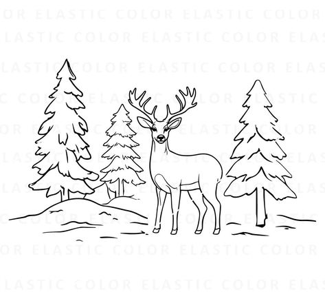 Deer Silhouette Painting, Winter Tree Drawing, Scene Outline, Camping Cross Stitch Patterns, Deer Outline, Cross Stitch Camping, Deer Clipart, Tree Template, Christmas Tree Template