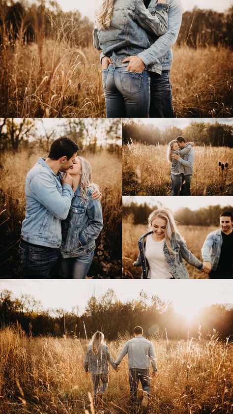 Denim Couple Photoshoot Outfit Ideas, Engagement Pics In A Field, His And Her Pictures Ideas, Engagement Photos Outfit Inspiration, Engagement Photo Poses For Plus Size, Engagement Photos With Fence, Denim Engagement Photos Outfit Ideas, Engagement Photo Session Outfits, Engagement Photo Outfit Ideas Spring