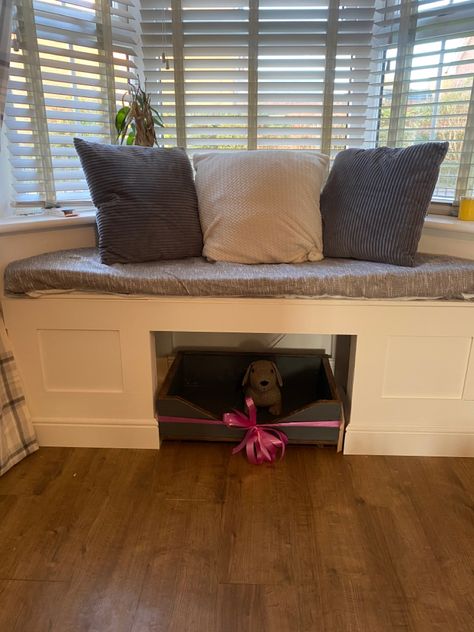 #baywindow #dogbed #windowseat #livingroomideas Bay Window Dog Bed Built Ins, Dog Bed By Window, Window Seat Dog Bed, Bay Window Dog Bed, Dog Window Seat, Reading Nook Window Seat, Built In Dog Bed, Reading Nook Window, Dog Nook