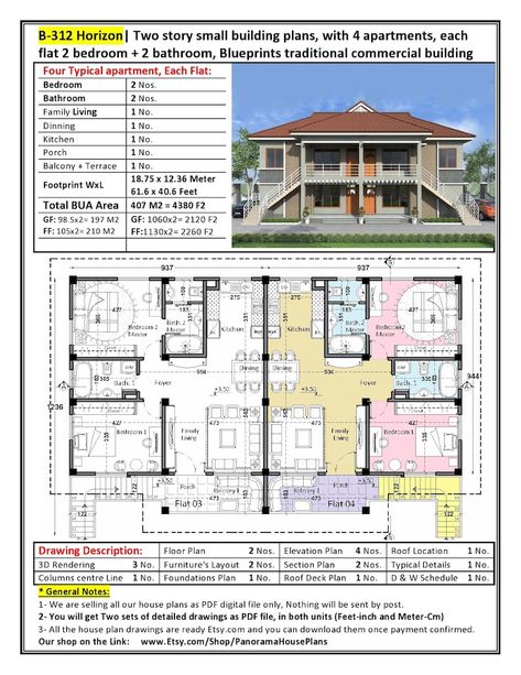 B-312 Horizon Two story small building plans, 4 apartments, each flat 2 bedroom 2 bathroom, Blueprints traditional commercial building - Etsy Paraguay Small Apartment Building Plans, Bathroom Blueprints, Small Apartment Building, Duplex Floor Plans, Bungalow Style House Plans, Elevation Plan, Block Of Flats, Small Building, Duplex Design