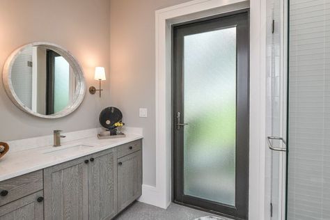 pool bath design, pool bath door Pool Bathroom Exterior Door, Exterior Bathroom Door, Bathroom With Exterior Door, Bathroom With Door To Outside, Privacy Glass Bathroom, Bathroom Exterior Door, Pool Bathroom Ideas, Backyard Door, Bathroom Door Ideas