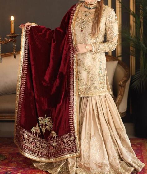 Nikah Outfit, Desi Wedding Dresses, Nikkah Dress, Asian Bridal Dresses, Velvet Dress Designs, Latest Bridal Dresses, Velvet Shawl, Miroslava Duma, Bridal Dresses Pakistan