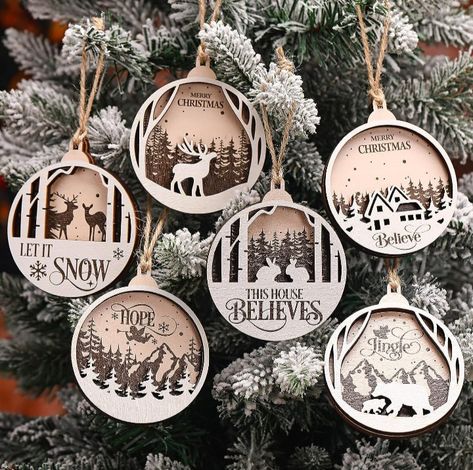 Outdoor Tree Decorations, Rustic Christmas Ornaments, Rustic Ornaments, Hanging Tree, Outdoor Party Decorations, Wood Christmas Tree, Christmas Hanging, Snowflake Decorations, Woodland Christmas