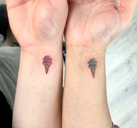 Tattoo Ice Cream Cone, Couple Food Tattoos, Ice Cream Sundae Tattoo, Ice Cream Cone Tattoo, Pastry Tattoo, Ice Tattoo, Bubble Gum Ice Cream, Ice Cream Tattoo, Partner Tattoos