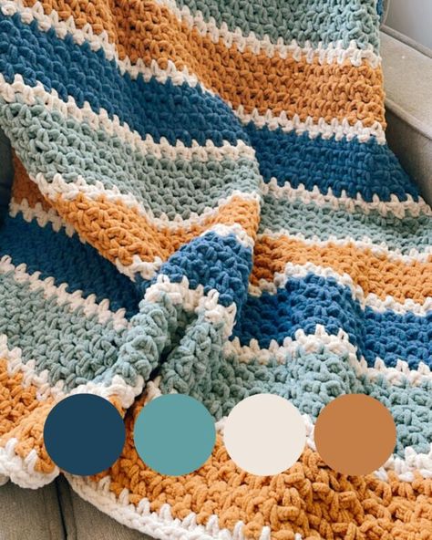 Stunning cloud blanket – Free crochet pattern - CJ Design Blog Crochet Blanket Bright Colors, Crocheted Blanket Color Schemes, Red Yellow Blue Crochet Blanket, Crochet Cloud Blanket Free Pattern, 3 Color Striped Crochet Blanket, Orange And Blue Crochet Blanket, Cloud Blanket Crochet, Multi Colored Crochet Blanket, 4 Color Crochet Blanket Pattern