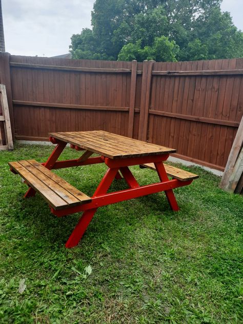 Red Picnic Table, Red Picnic, Leg Painting, Picnic Bench, Gloss Paint, Clear Gloss, Crimson Red, Break Room, Wood Metal