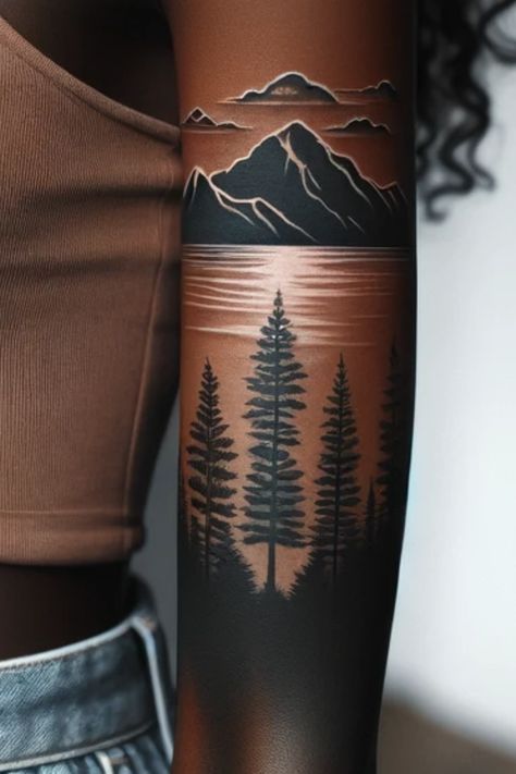 Sleeve Tattoos For Black Women, Female Sleeve Tattoos, Unique Sleeve Tattoos, Mountain Sleeve Tattoo, Tattoos For Black Women, Arm Cover Up Tattoos, Phoenix Tattoo For Men, Hyper Realistic Tattoo, Small Girly Tattoos