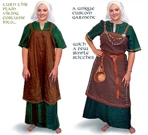 C'mon ladies, get the bone needles, and the hemp yarn out... You don't wanna look like a thrall woman (slave), do you? (giggle) Norse Clothing, Viking Embroidery, Costume Viking, Viking Garb, Medieval Garb, Viking Reenactment, Viking Dress, Viking Costume, Viking Women