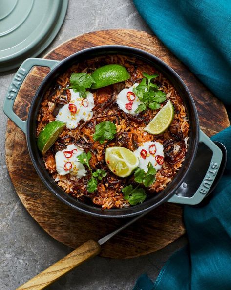 Aubergine biryani — delicious magazine Indian Chicken Dishes, Lentil Curry Recipes, Curry Recipes Vegetarian, Vegetarian Comfort Food, Seasonal Cooking, Vegetarian Curry, Delicious Magazine, Lentil Curry, Vegetable Puree