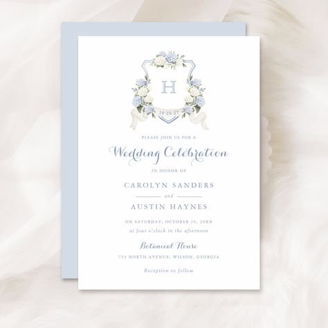 Floral Blue Hydrangea Greenery White Monogram Crest Wedding Invitation. Watercolor Dusty Blue Wedding Crest. Elegant White Floral Hydrangea Greenery Wedding Invitation Hydrangea Wedding Invitations, Crest Wedding Invitations, Wedding Invitation Watercolor, Chinoiserie Wedding, Blue Hydrangea Wedding, Taylor Wedding, Crest Monogram, Hydrangea Wedding, 2025 Wedding