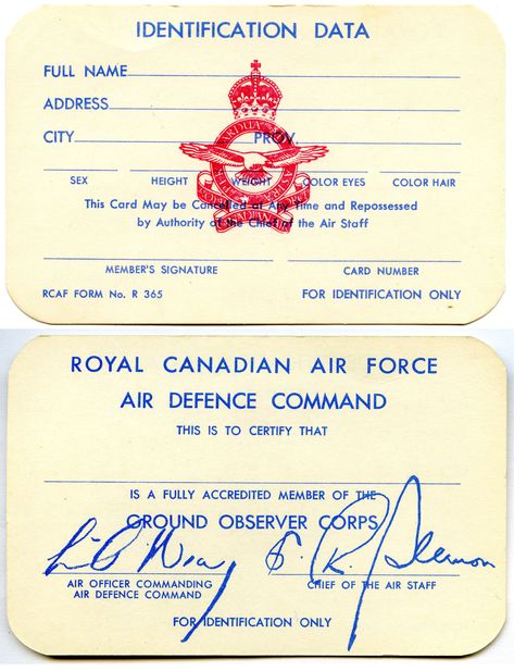 RCAF Ground Observer Corps Membership Card (English) Royal Membership Card, Canadian Air Force, Membership Card, Eye Color, Air Force, 3d Printing, Crochet Earrings, Force, History