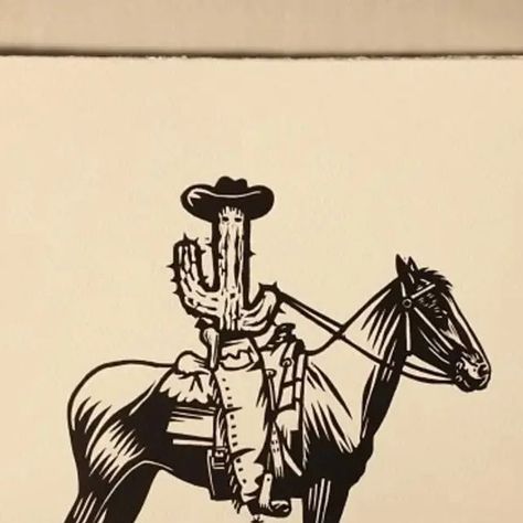 Nick Morley on Instagram: "A very old print - Cactus Cowboy. Cowboys have been a recurring theme in my work over the years. This one was made for a box set.  #linocut #cowboy #cactus #printmaking" Cowboy Cactus, Relief Printmaking, Lino Art, Illustration Inspiration, Lino Print, Box Set, Linocut, A Box, Printmaking