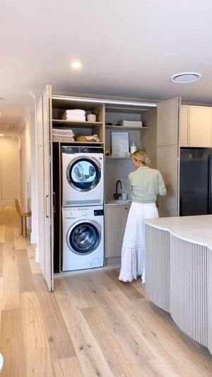 LAUNDRY GOALS: WHERE FORM MEETS FUNCTION — THREE BIRDS RENOVATIONS Euro Laundry, Hidden Laundry Rooms, Laundry In Kitchen, Laundry Hallway, European Laundry, Stacked Laundry, Apartment Laundry, Utility Ideas, Laundry Cupboard